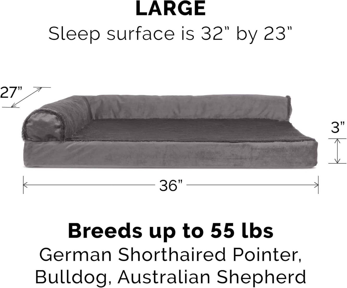 Furhaven Cooling Gel Dog Bed for Large/Medium Dogs w/ Removable Bolsters & Washable Cover, For Dogs Up to 55 lbs - Plush & Velvet L Shaped Chaise - Platinum Gray, Large