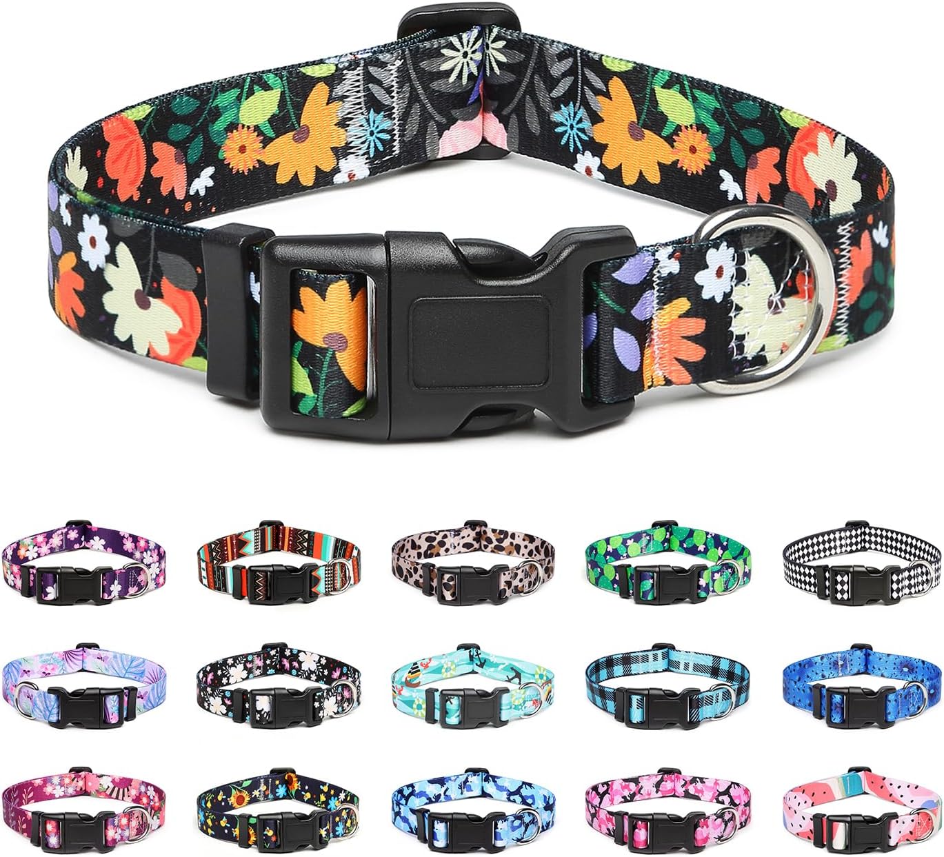 Mercano Adjustable Dog Collar - Special Design Patterns, Soft Nylon Comfortable Durable Pet Collar for Small Medium Large Dogs (L, Floral Orange)