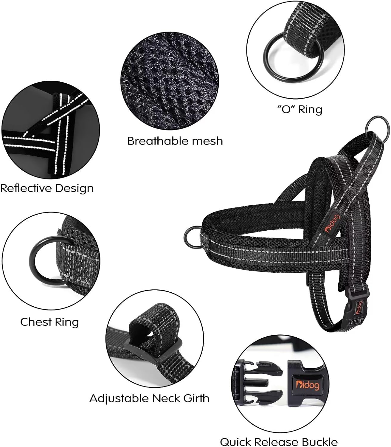 Didog No Pull Dog Harness with Soft Mesh Padded,Reflective & Quick Fit Light Weight Dog Strap Vest Harness,Easy for Walking Training (M:Chest 21-26", Mesh-Black)