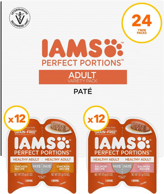 IAMS Perfect Portions Healthy Adult Wet Cat Food Pate, Chicken and Salmon Recipe Variety Pack, 2.6 oz. Twin-Pack Trays (24 Count, 48 Servings)