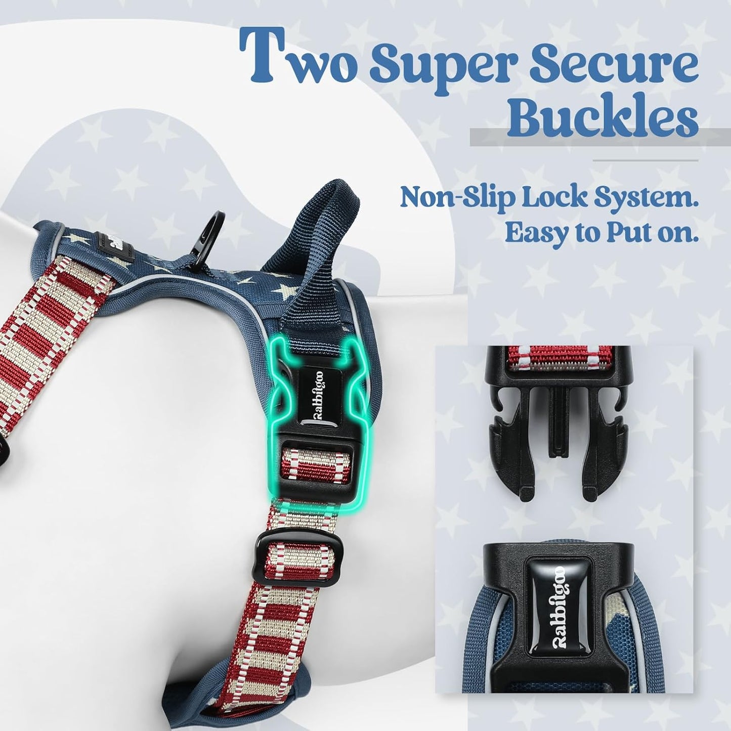 rabbitgoo Dog Harness No Pull with 2 Leash Clips, Adjustable Soft Padded, Reflective Oxford No Choke Pet Vest with Easy Control Handle for Large Dogs, Blue Star, L