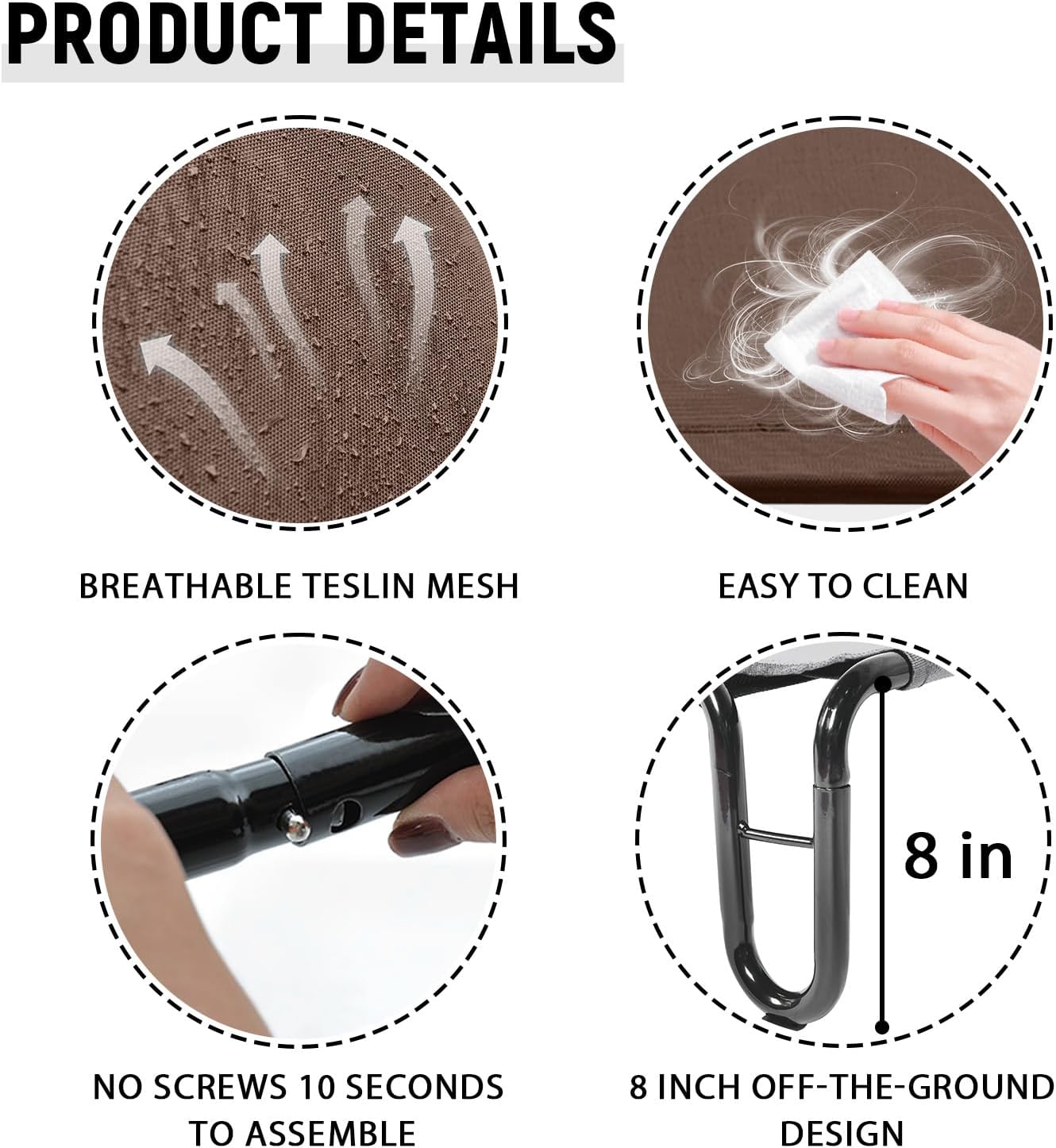 pettycare Elevated Outdoor Dog Bed - Cots Beds for Large Dogs XL, Waterproof Raised Cot Easy to Assemble, Cooling with Teslin Mesh, Durable, Non Slip, Up to 85 lbs, Brown