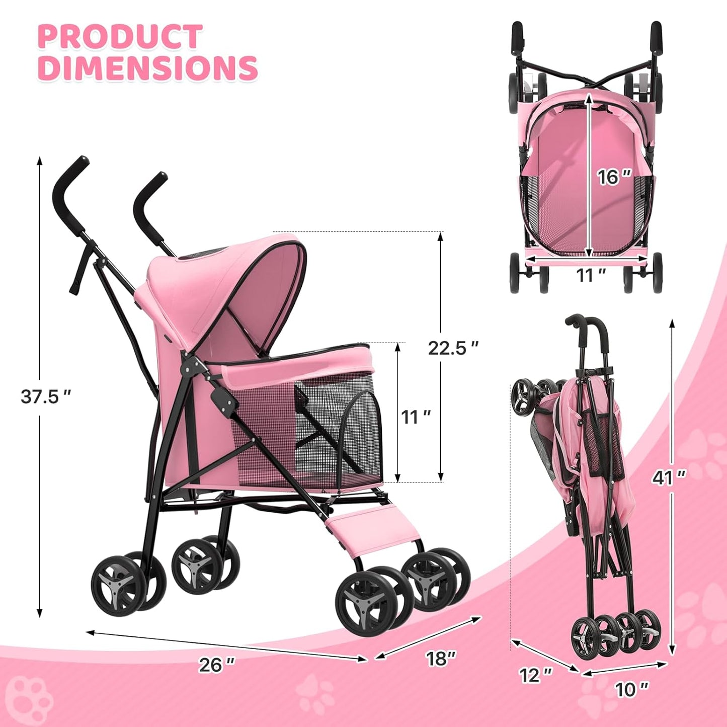 Magshion Compact Pet Stroller for Small-Medium Dogs/Cats up to 22lbs, 4-Wheel Lightweight Umbrella Shaped Portable Puppy Travel Jogger with Breathable Mesh & Rear Storage, Pink