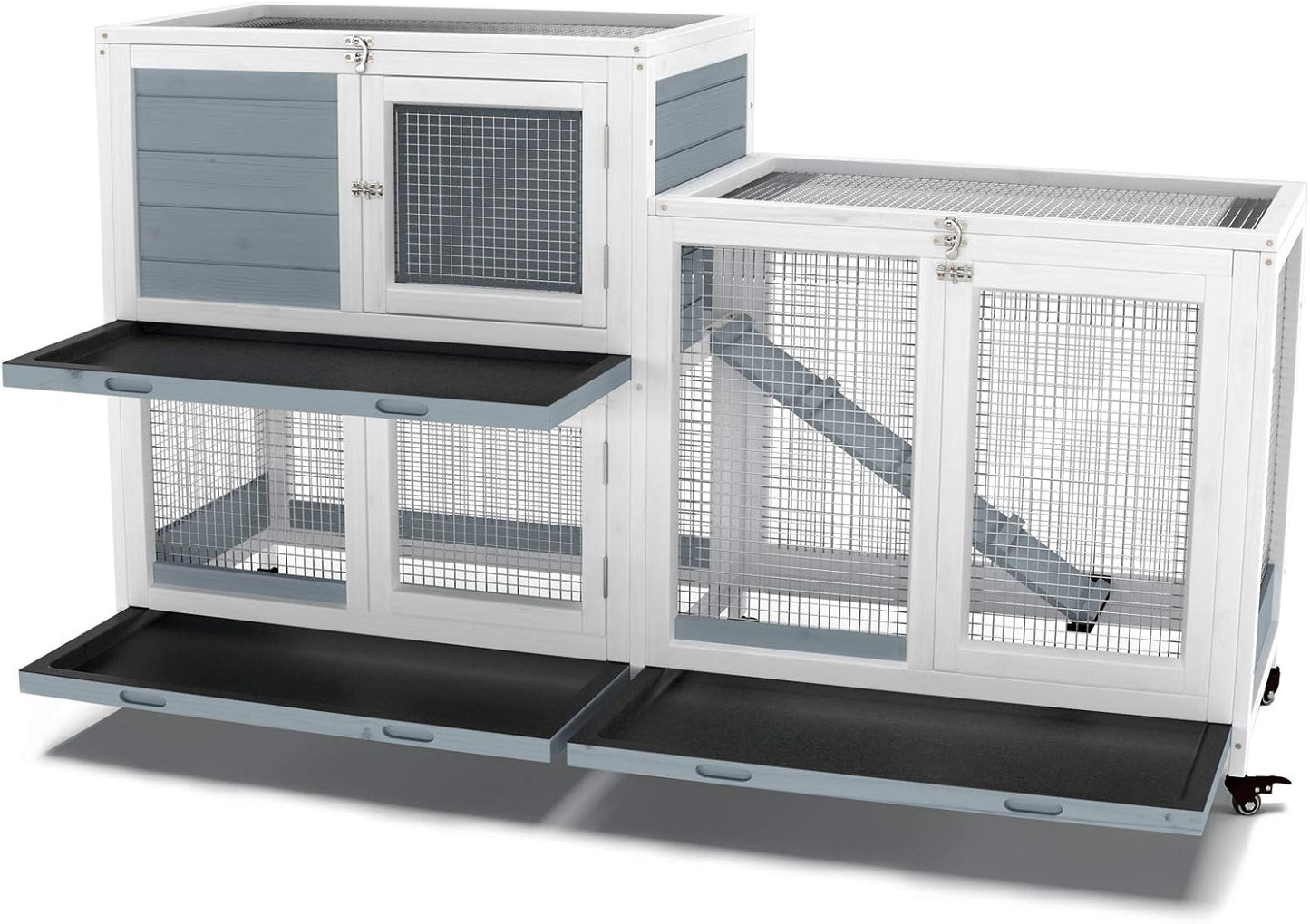 GDLF Two Floors 58" Wooden Indoor Bunny Hutch Rabbit Cage on Wheels Guinea Pig PET House for Small to Medium Animals Waterproof No Leak Tray