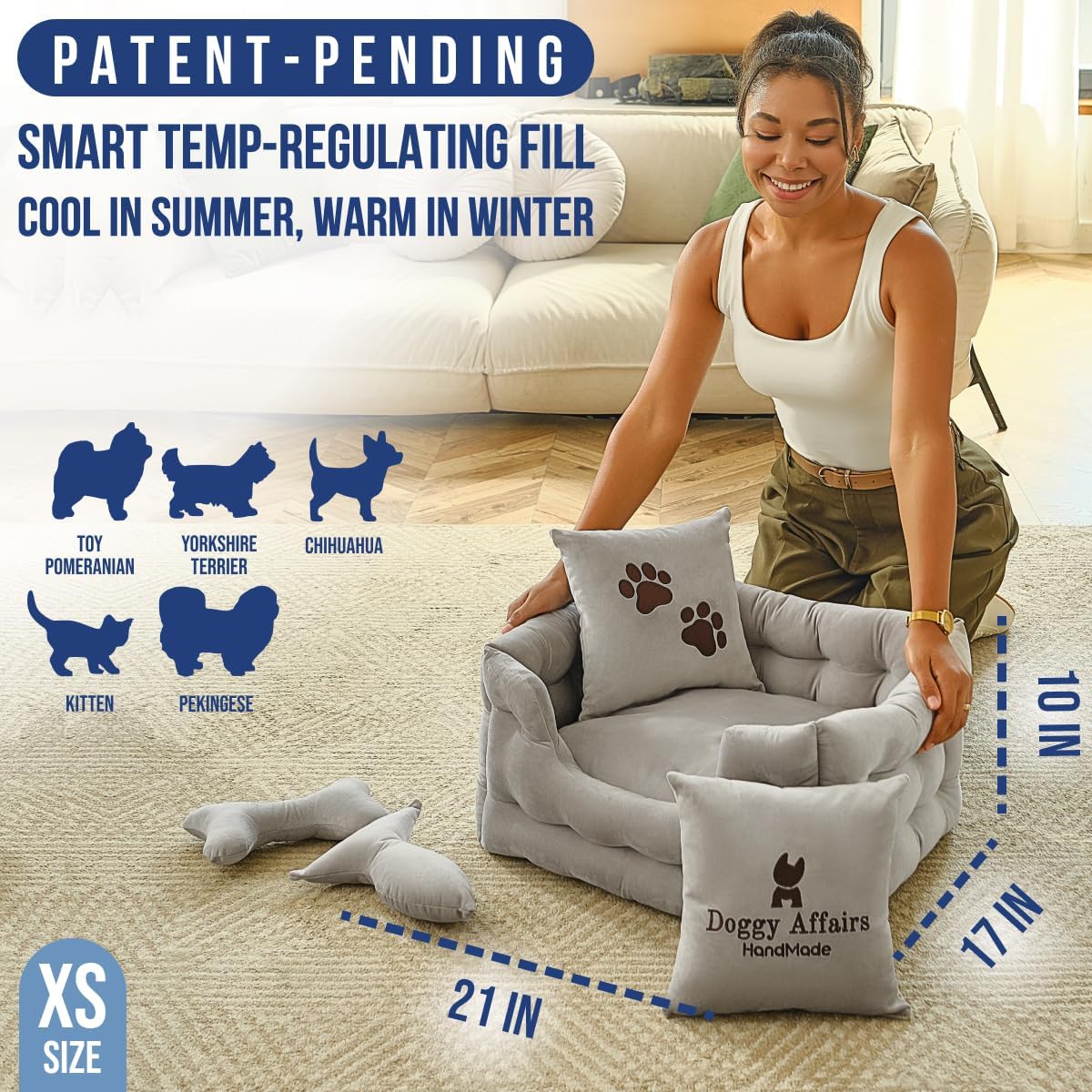 Luxury Dog Bed Chesterfield – Handcrafted Velvet Throne for Dogs | Joint Support, Calming & Temp-Regulating Comfort | Durable 5+ Years, Anti-Claw, Washable 100+ Times – XS, Gray