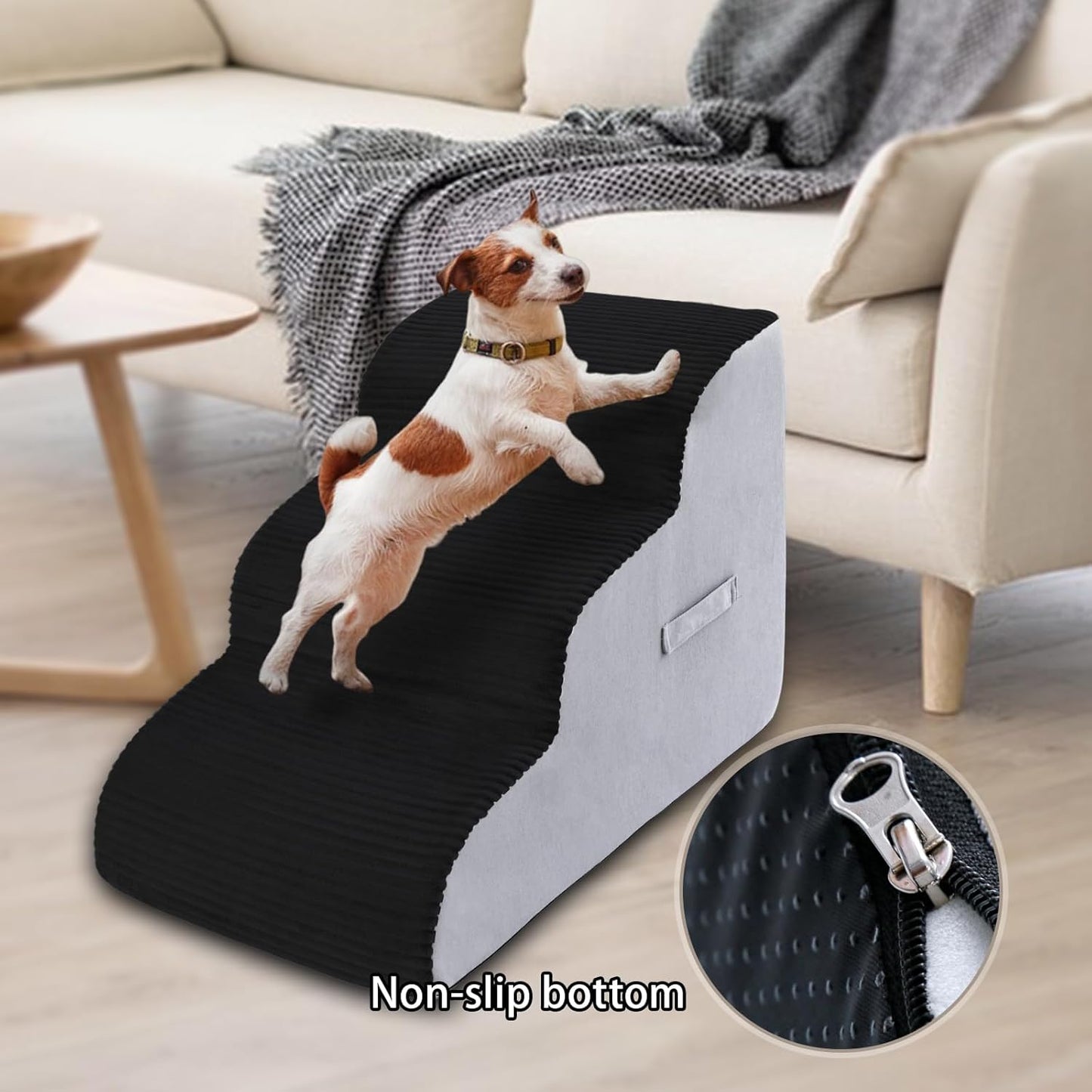 High Density Foam Dog Stairs Steps, Non-Slip Extra Wide Deep Pet Steps for Beds Or Couches, for Injured or Older Pets Dogs and Cats with Joint Pain (3-Tiers (Black))