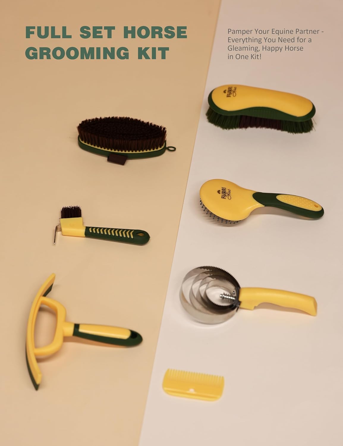 9PCS Horse Grooming Kit Curry Comb Sweat Scraper Horse Bathing Supplies Grooming Tools with Storage Bag Pasture Glow