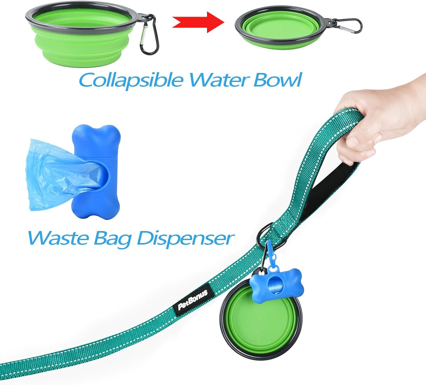 PetBonus Double Dog Leash, No Tangle Dual Leash, Reflective Walking Training Lead, 4 Comfortable Padded Handles for 2 Dogs with Collapsible Bowl and Waste Bags (Turquoise, Large)