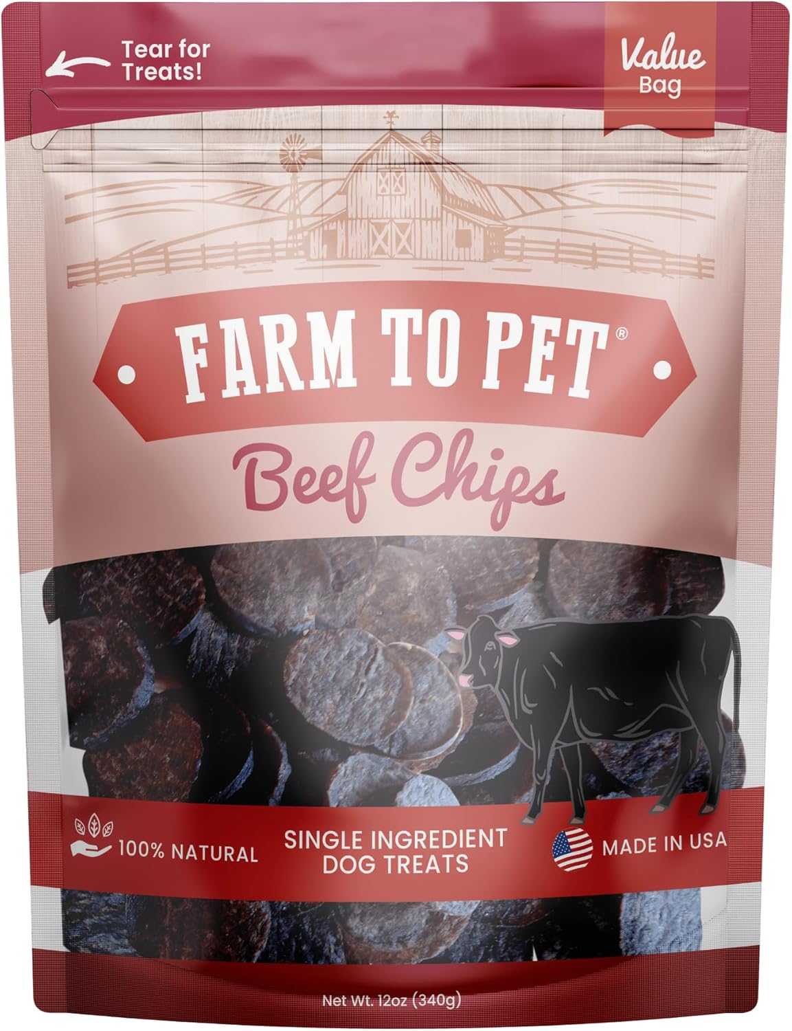 Farm To Pet - Dog Training Treats - 12 oz Beef Chips, Single Ingredient, Lean, All Natural, Healthy Dog Treats for Small, Medium, Large Breeds, & Puppies, Made in USA