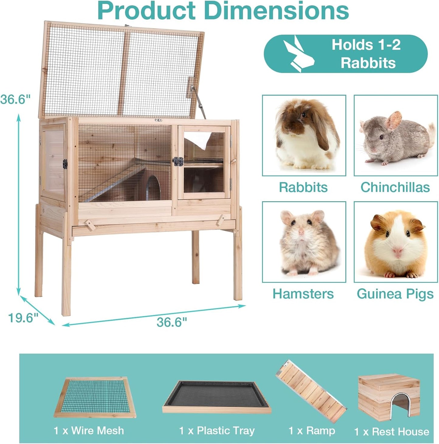 Guinea Pig Cage with Wooden Stand,Indoor Rabbit Hutch with 2 Stories,Hamster Cage with Anti Chew Ramp,Hideout, Platform, Pull Out Tray (Wood)
