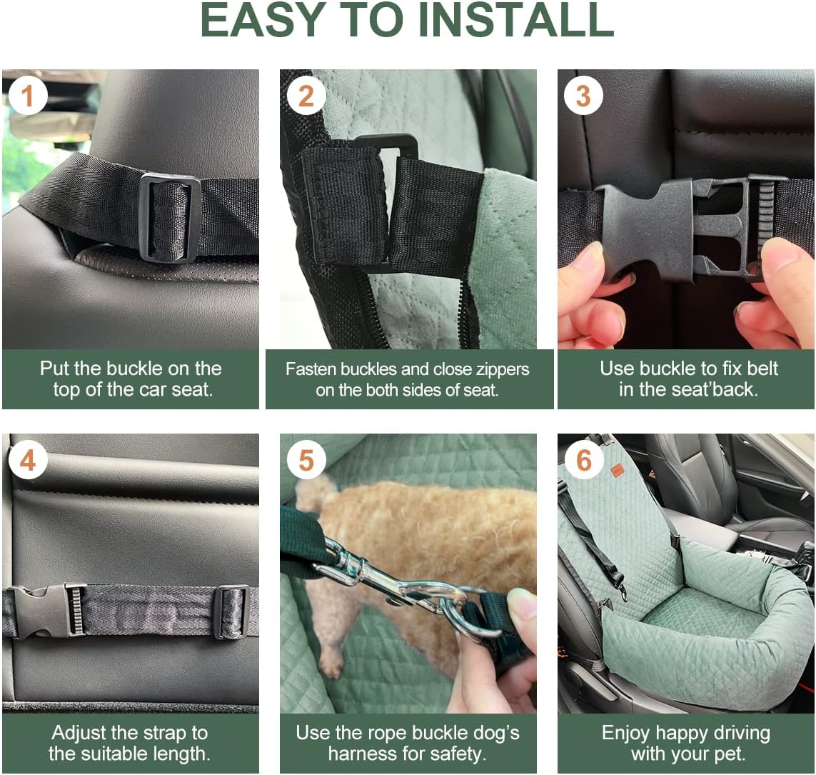 Dog Car Seat for Small Medium Dogs Up to 40lbs, Detachable Washable Soft Pet Booster Travel Bed for Front & Green Seat with Safety Leash Belt