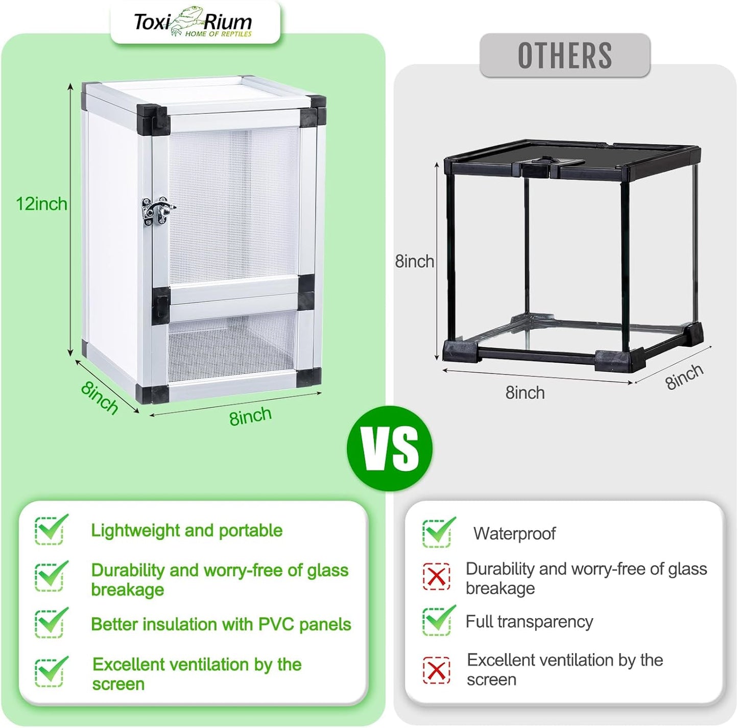 8" x 8" x 12" Bright White Reptile Cage, Rainforest Habitat with Screen Door, Ventilated Terrarium for Lizards, Frogs, Snakes, Easy Assembly