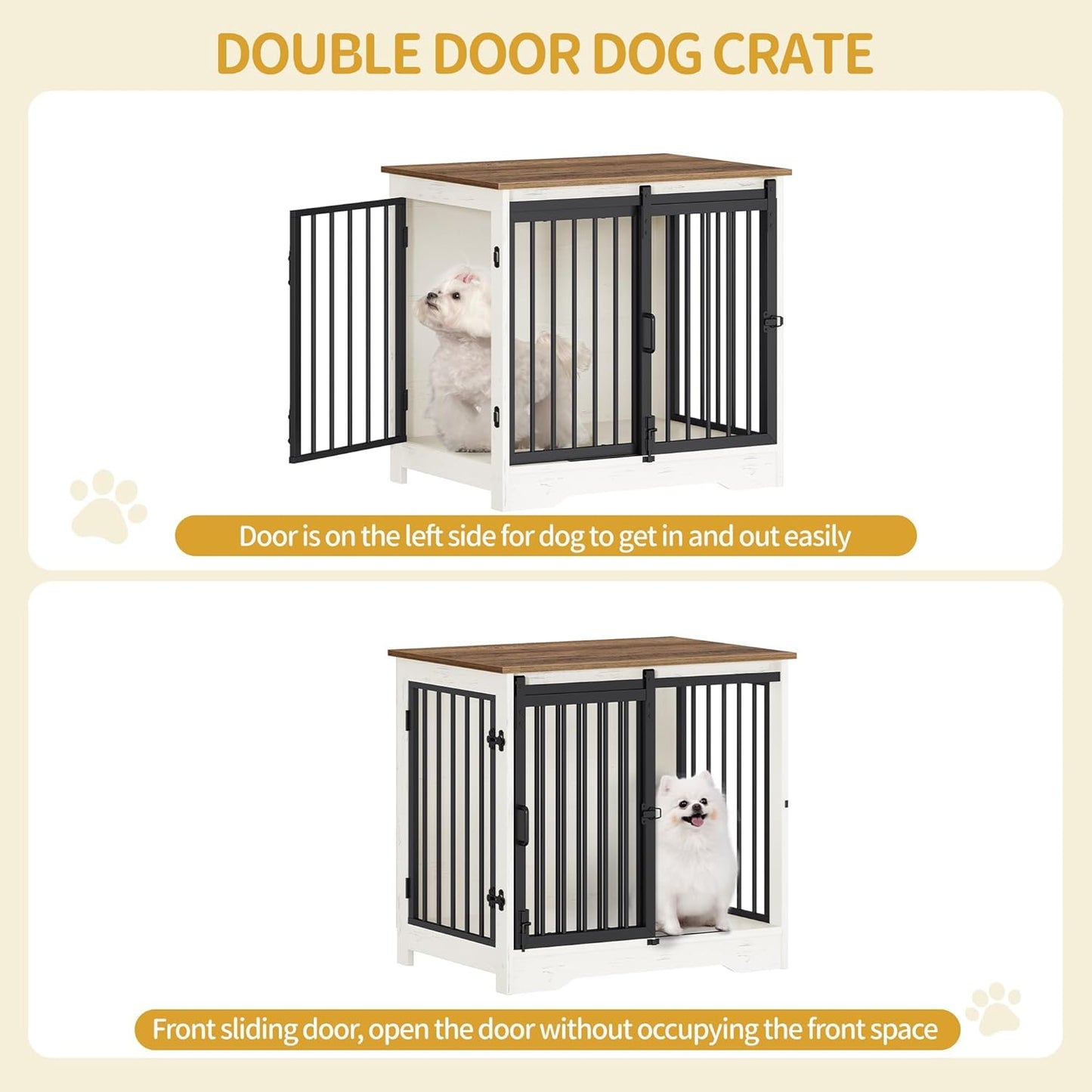 27.2" Dog Crate Furniture with Barn Door, Heavy Duty Dog Kennel Indoor with 2 Doors, Wooden Pet Cage End Table for Small Medium Dogs up to 22 lb, Anti-Chew Anti-Escape, White Brown DFC84314B