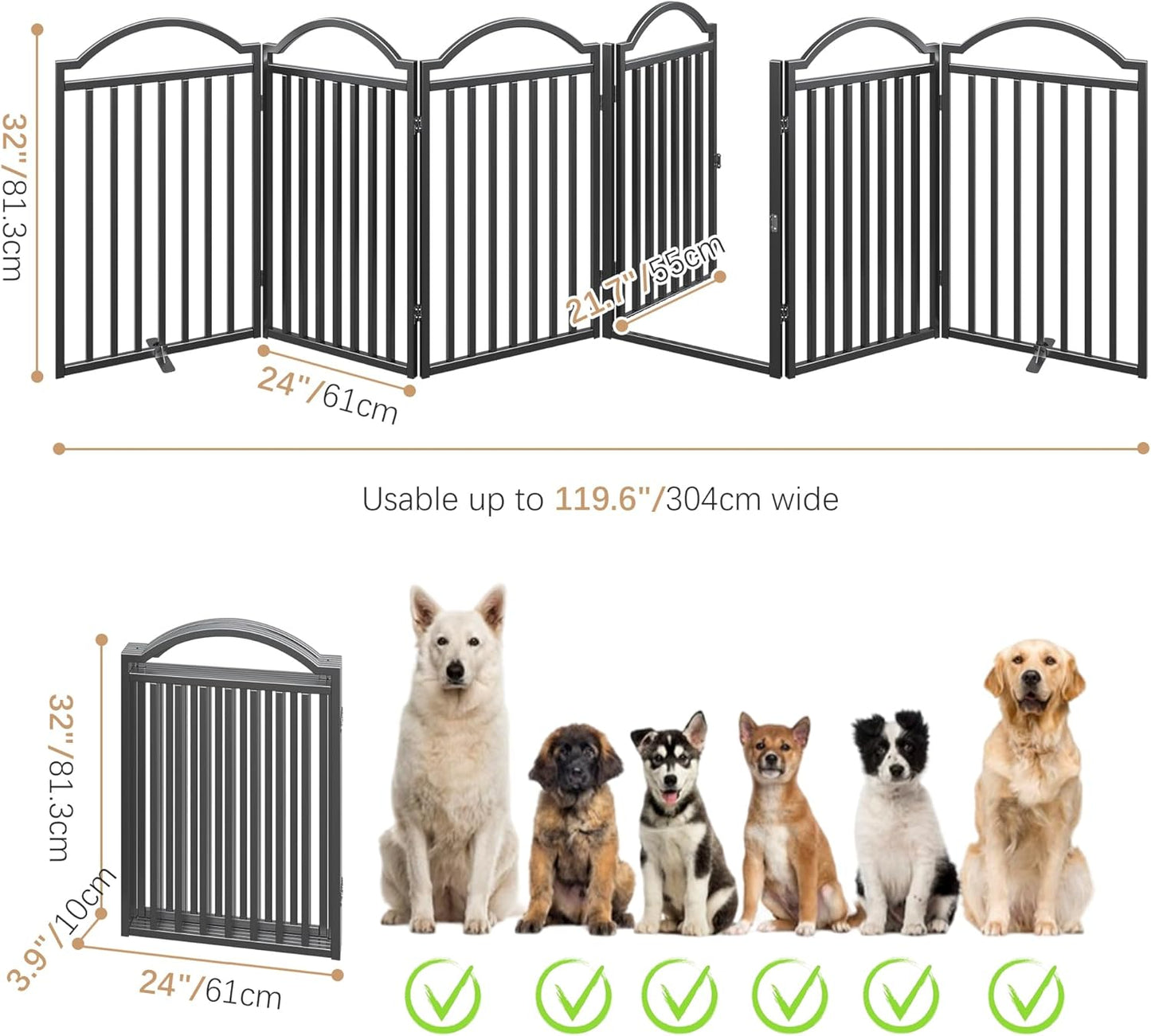 BHG Metal No-Assembly Freestanding Dog Gate with Door Walk Through, Extra Wide 144", Extra Tall 32" Pet Gate, Accordion Puppy Folding Playpen Dog Fence for Indoor & Outdoor, with 2PCS Support - Black