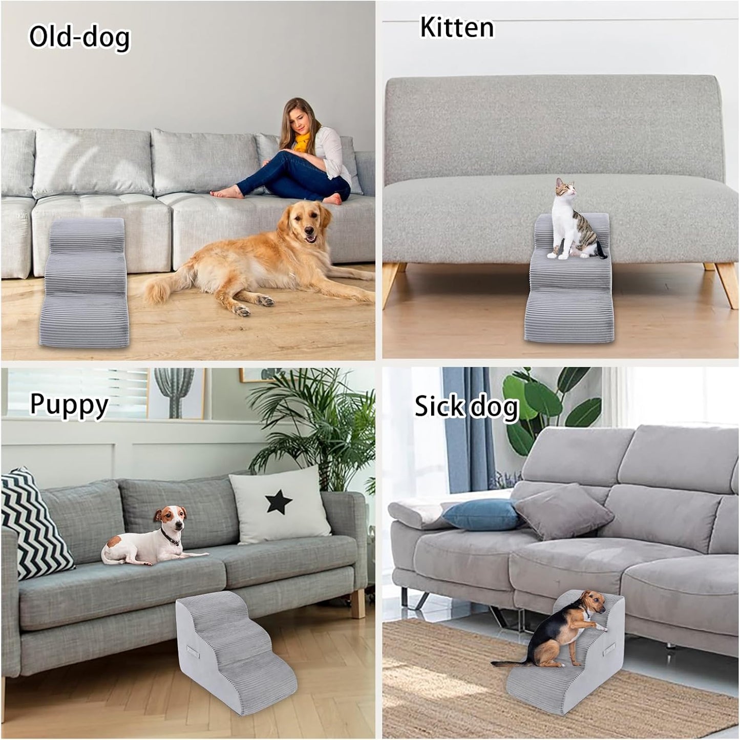 High Density Foam Dog Stairs Steps, 17.8’’ Non-Slip Extra Wide Deep Pet Steps for Beds Or Couches, for Injured or Older Pets Dogs and Cats with Joint Pain, 3-Tiers (Grey)