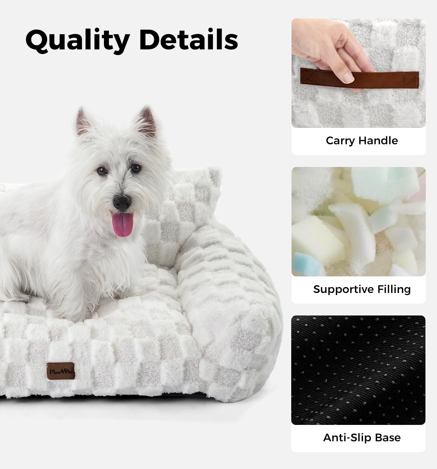 Made4Pets Dog Couch Bed, Soft Faux Fur Checkered Pet Sofa, Comfortable Fluffy Dog Sofa with Supportive Foam, Removable Washable Cover with Non-Slip Base, White, Large