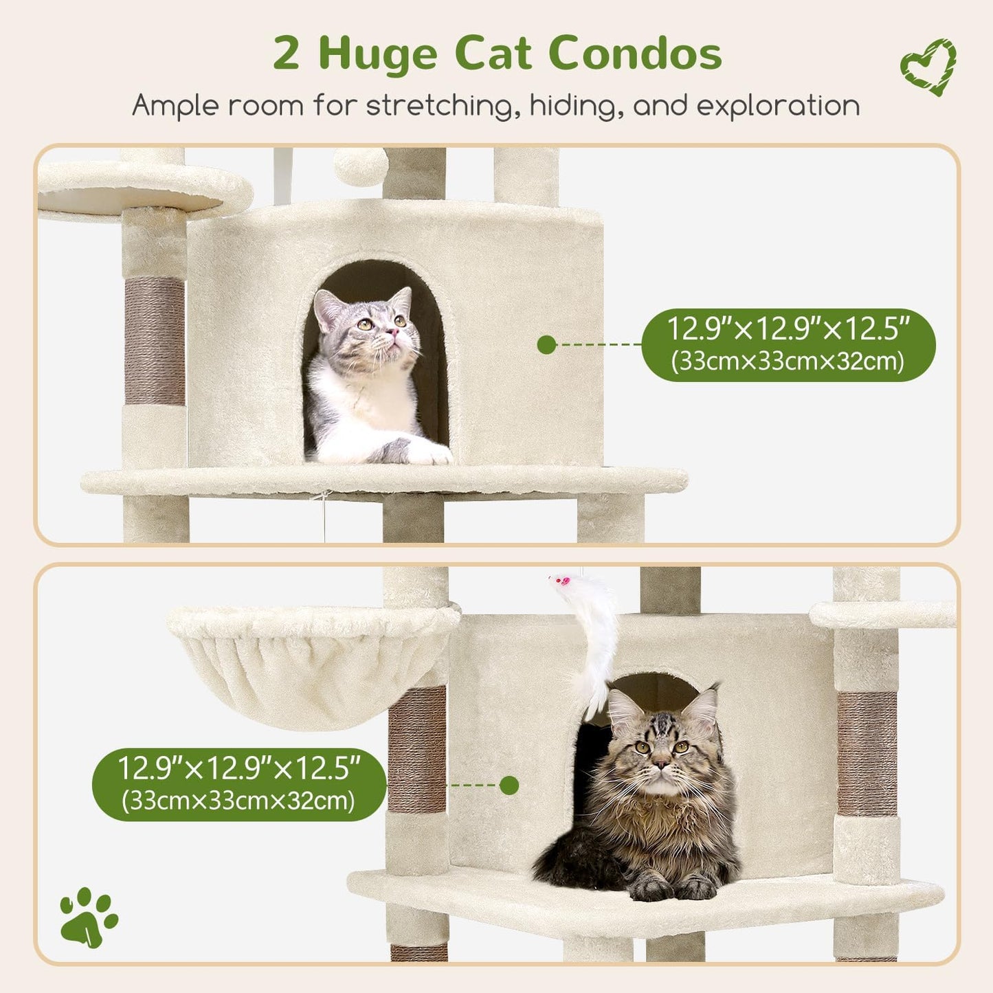 Globlazer Corner Cat Tree Tower for Large Cat, 66inch Tall Large Cat Tree Condo for Multiple Indoor Cats with 6 Scratching Posts, 2 Spacious Cat Condos, Soft Hammock, Hanging Basket, C66, Light Beige