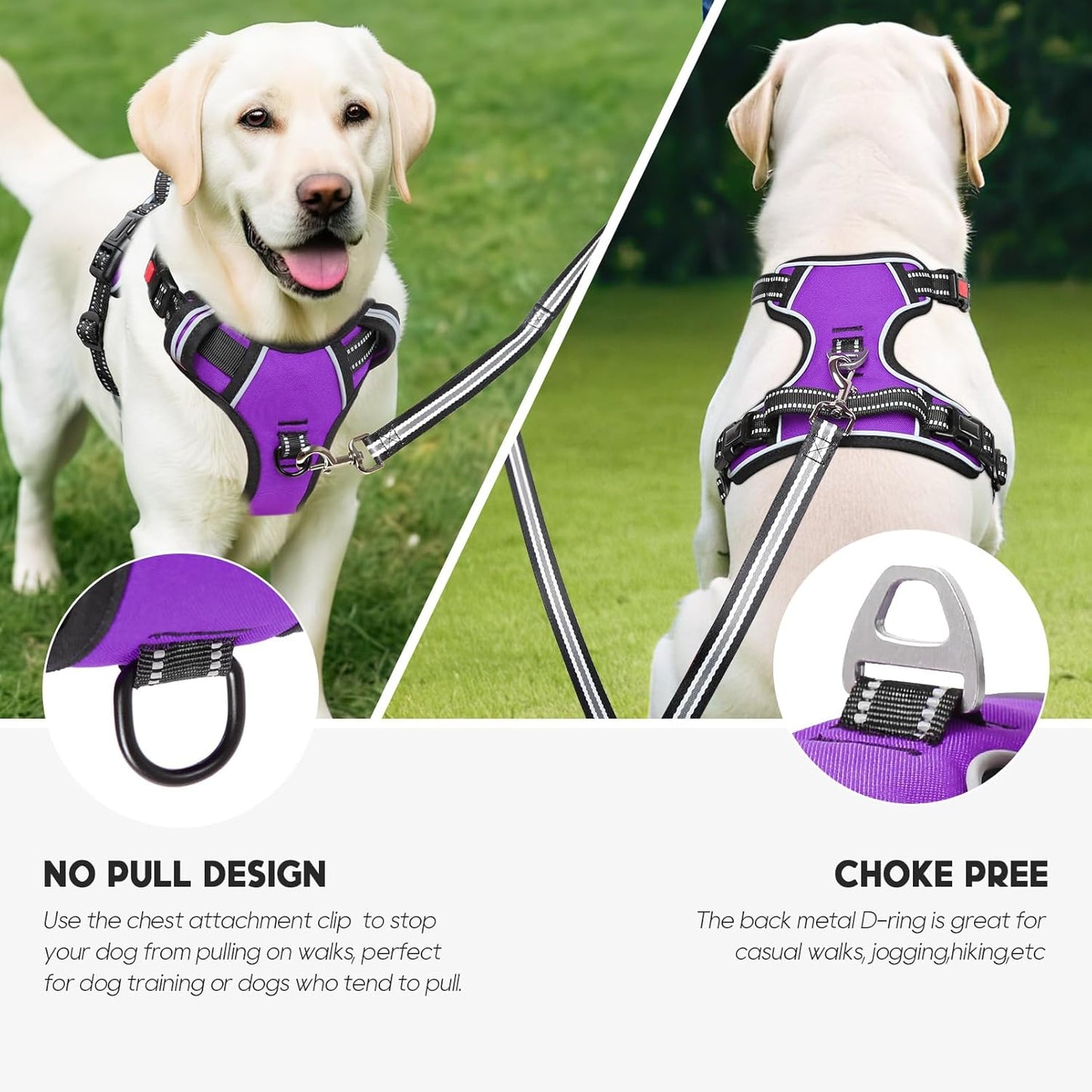 Timos Dog Harness Small Sized, No Pull with Neck Lockable Snap,No Choke Front Clip Dog Reflective Harness,Adjustable Metal Rings 3 Buckles,Easy Control Handle for Small Dogs Purple S