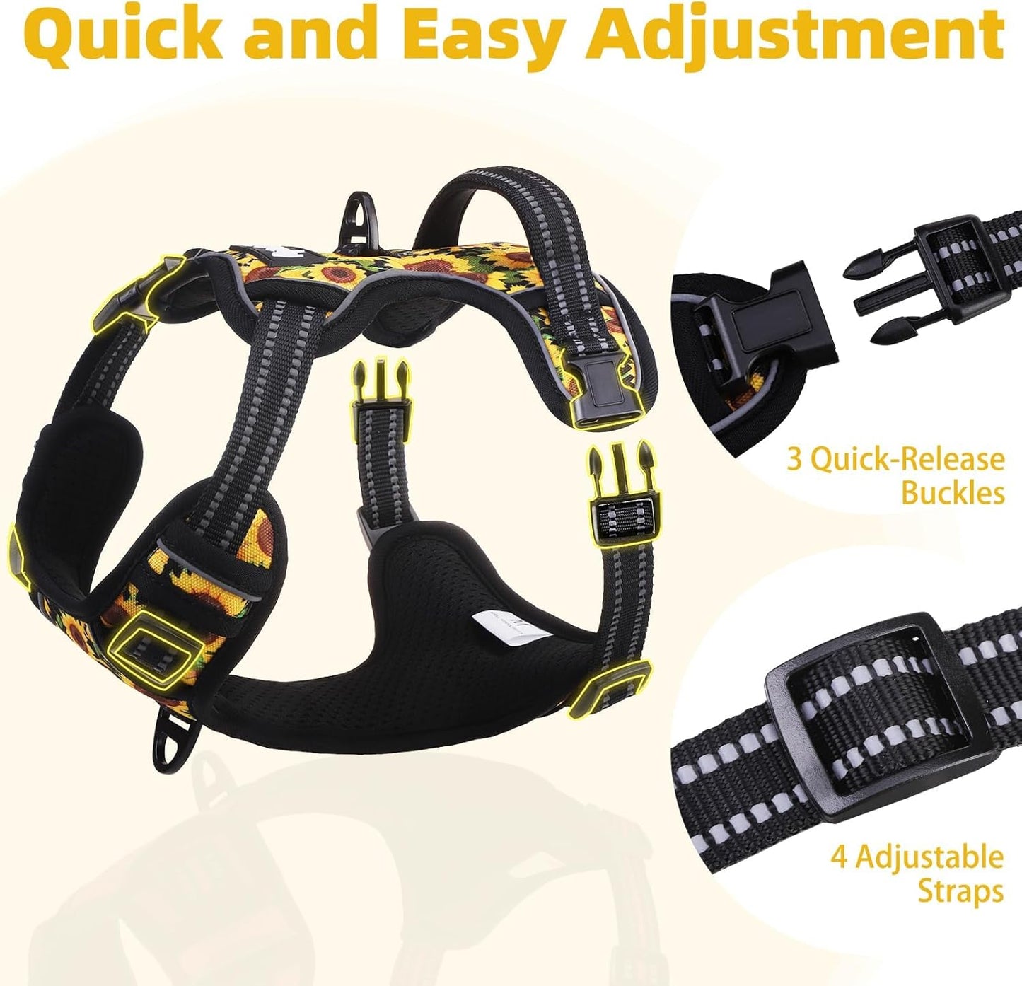 PUPTECK No Pull Dog Harness for Large, Adjustable Reflective Dog Harness with Handle Easy Control, Comfortable Soft Padded Pet Vest Harness for Extra Large Dogs, Sunflower XL