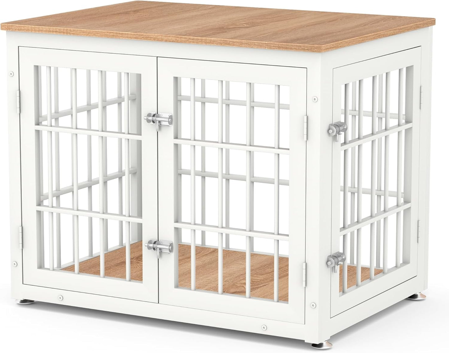 32 Inch Heavy Duty Dog Crate Furniture for Medium and Small Dogs, Decorative Pet House End Table, Wooden Cage Kennel Furniture Indoor, Natural and White