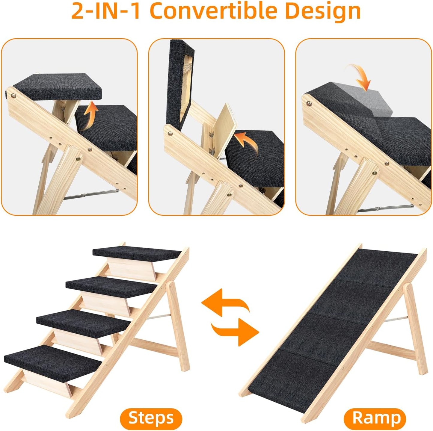 Dog Stairs/Ramp for Bed, Wooden Convertible Pet Steps, Portable Dog Ladder Up to 180 Pound for Elderly/Short-Legged Dogs, 4 Steps for Beds, Couch, Cars