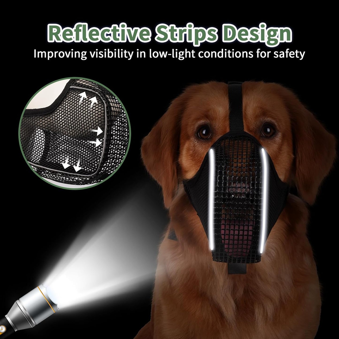 Mayerzon Dog Muzzle, Patented Mesh Muzzle with Panting Room for Large Medium Small Sized Dogs, Soft Mouth Guard to Prevent Biting Eating for Grooming Vet Visit Walking, Reflective and Full Covered