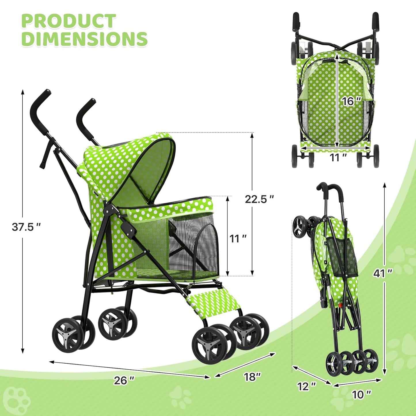 Magshion Compact Pet Stroller for Small-Medium Dogs/Cats up to 22lbs, 4-Wheel Lightweight Umbrella Shaped Portable Puppy Travel Jogger with Breathable Mesh & Rear Storage, Lawn Green Polka Dots
