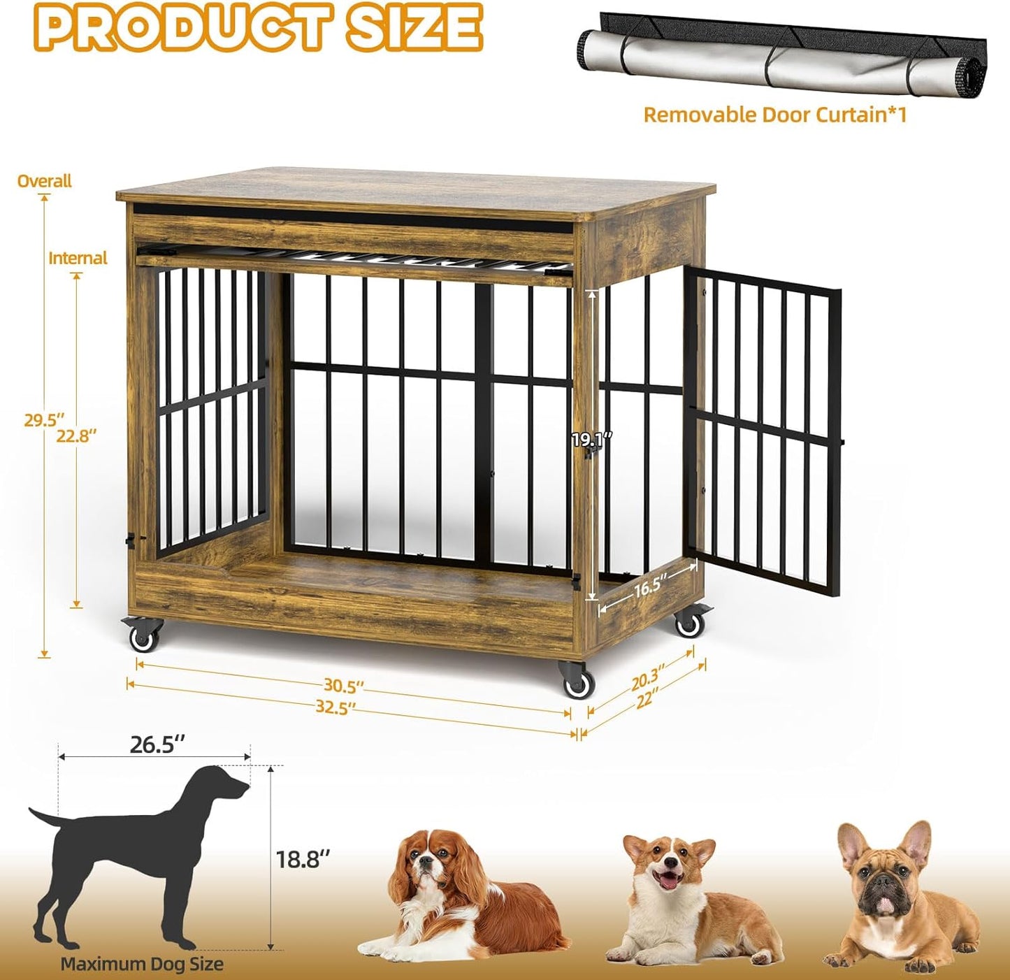 32" Dog Crate Furniture, Double Door Wooden Indoor Dog Kennel Furniture, Decorative Pet Cage End Table with Wheels for Medium and Small Breed Dogs, Size M, Rustic Brown