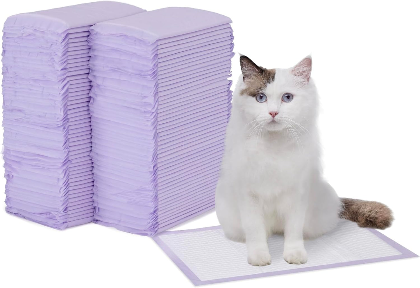 Amazon Basics Cat Pee Pads, 100 Count, Universal Fit for Litter Box, Odor Control with Lemon Scent, White/Purple