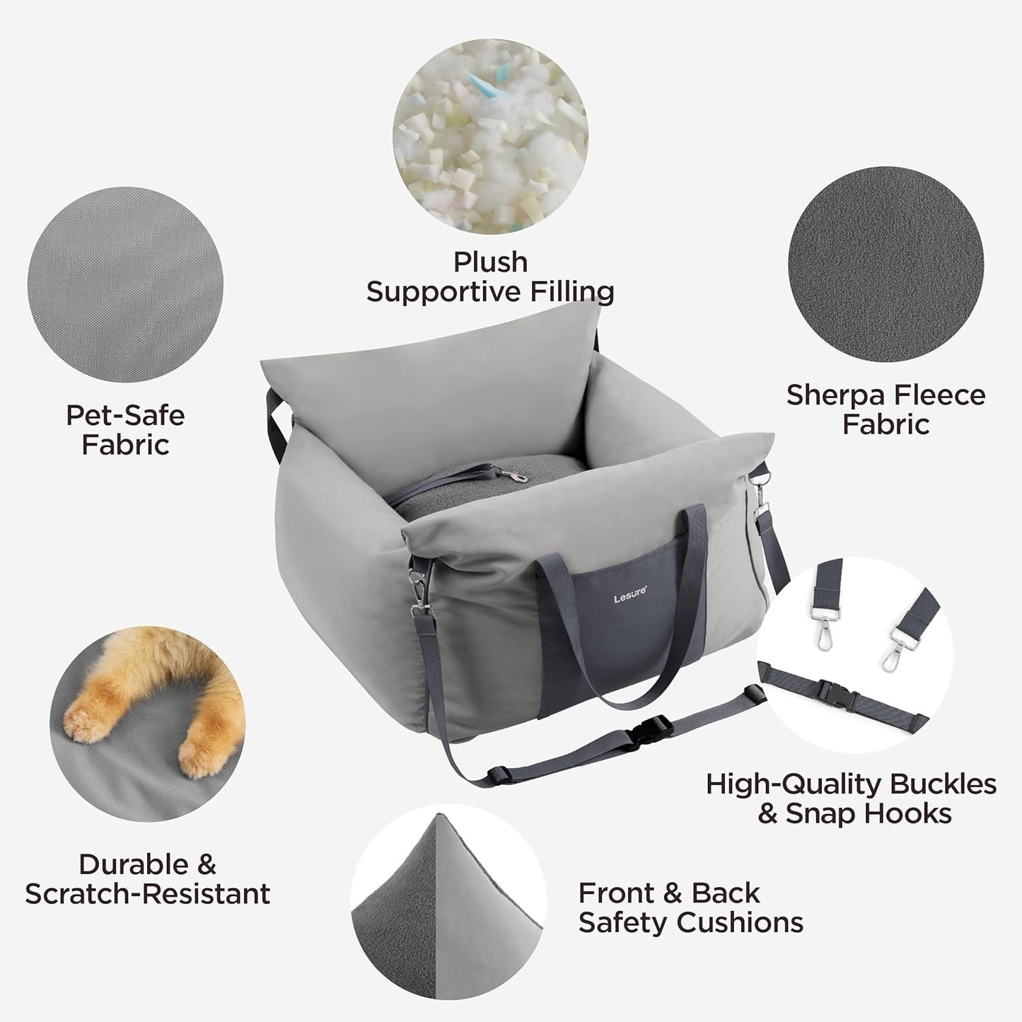 Lesure Small Dog Car Seat for Small Dogs - Soft Dog Booster Seat for Car with Storage Pocket and Clip-On Safety Leash and Thickened Memory Foam Filling, Pet Carseat Travel Carrier Bed, Grey