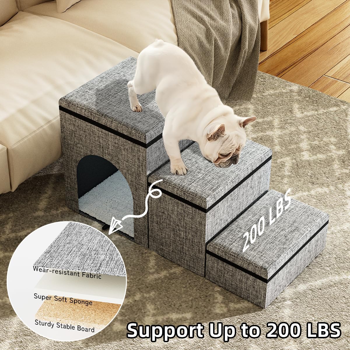 Dog Stairs with Storage, 3-Step Wider Dog Steps with Condo for Dogs and Cats, Pet Stairs for High Bed Climbing, Grey