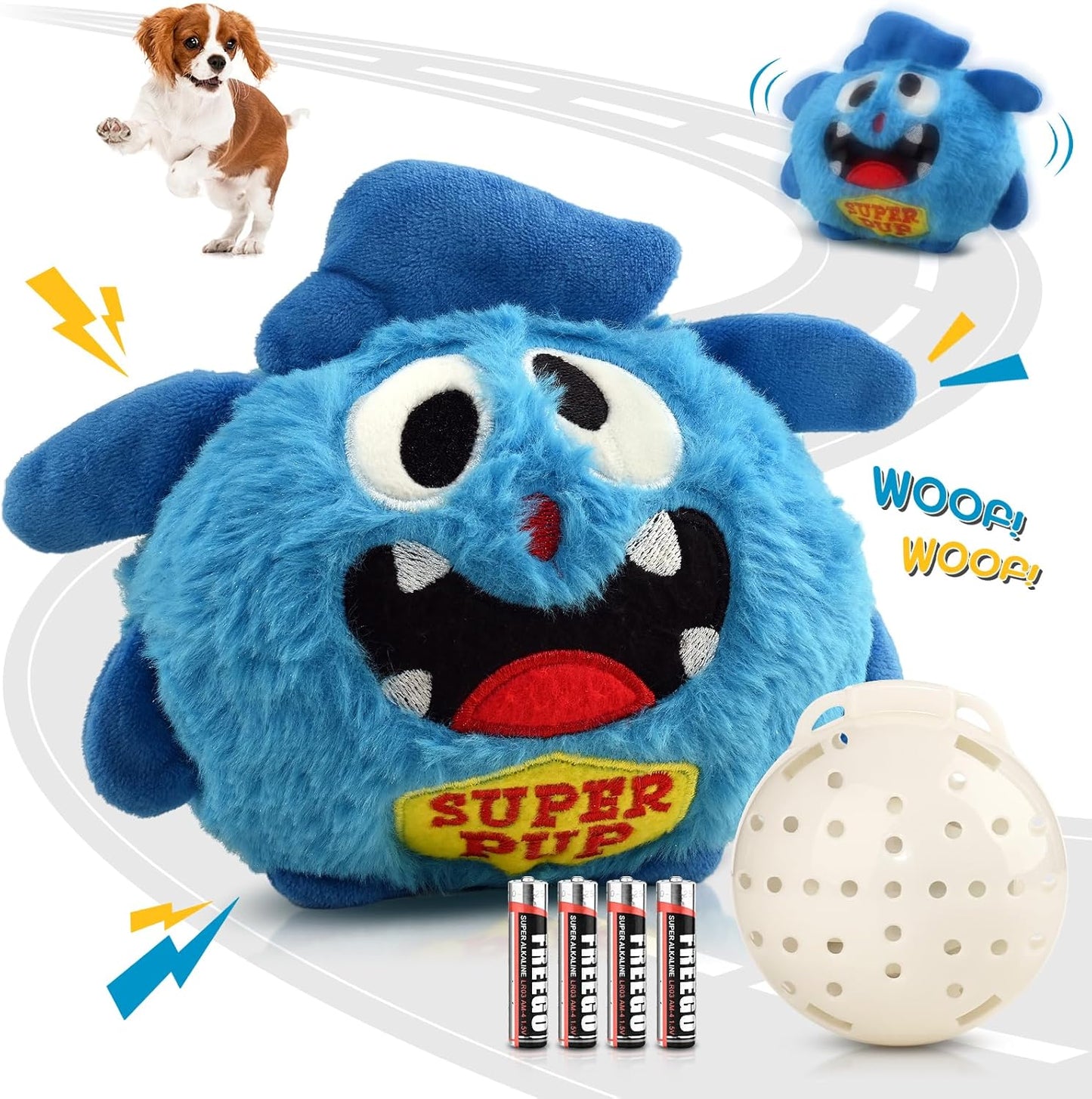 Petbobi Interactive Dog Toys for Boredom - Moving Dog Toy for Stimulating Play, Pet Plush Squeaky Ball for Small Medium Breeds with 4 Batteries, Blue