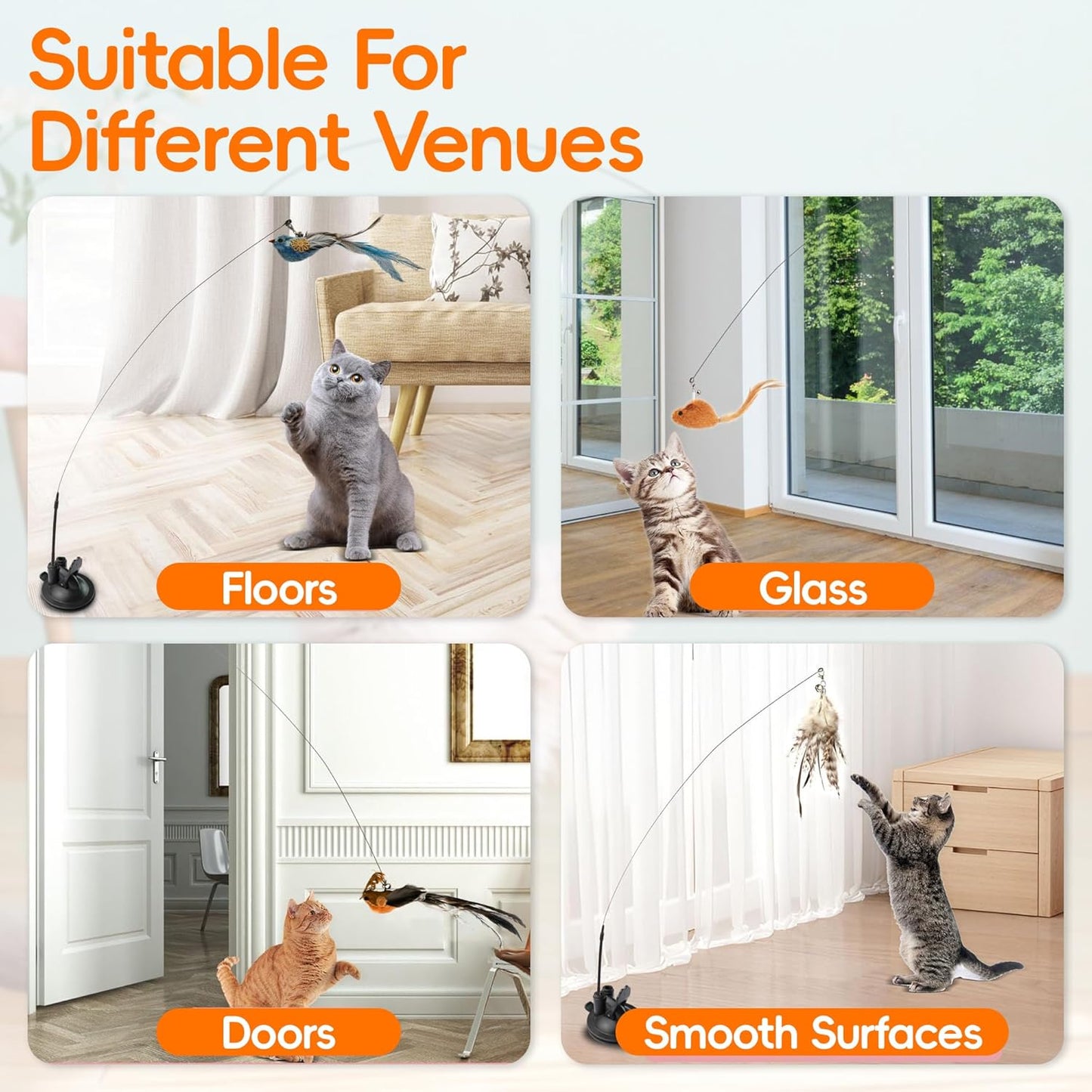 Interactive Bird Simulation Cat Feather Toy Set Cat Retractable Wand Toys Suction Cups Base,Include Detachable 7 Pcs Replacements Feathers Toys