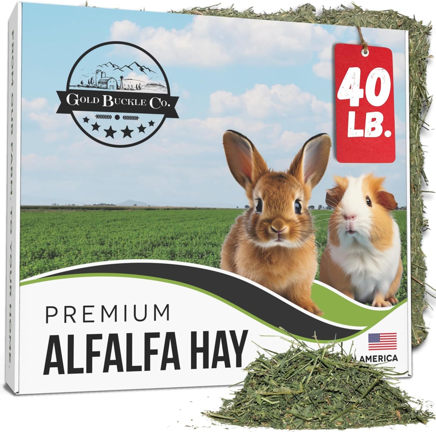 40lb Freshly Dried Organic Alfalfa Hay for Guinea Pigs, Rabbits, Chinchillas, Goats, Hamsters & Ferrets, Small Animal Food Rich in Protein & Fiber, Hand-Selected, Hand sorted, USA Grown
