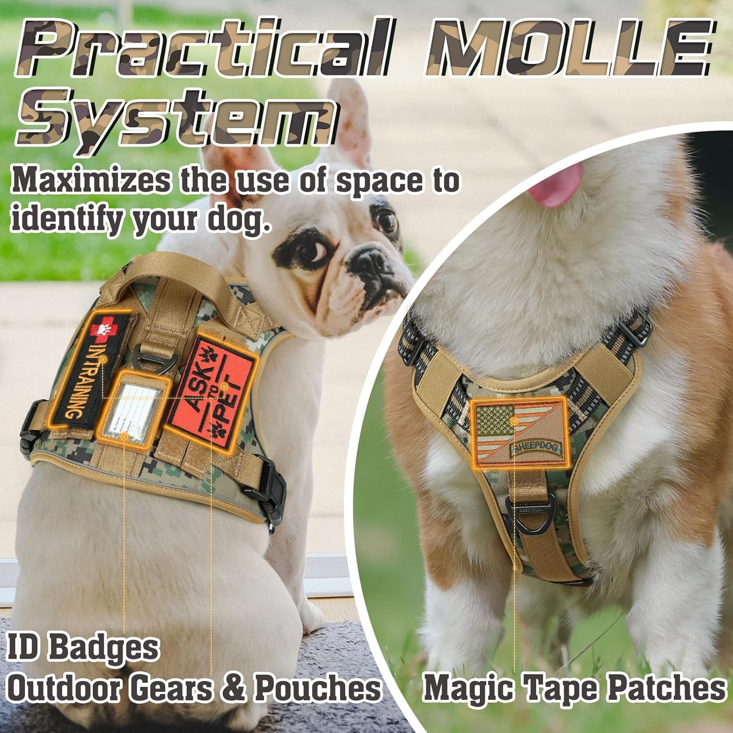 rabbitgoo Tactical Dog Harness Medium Sized Dog, No Pull Military Service Vest with Handle & Molle, Easy Control for Training Walking, Adjustable Reflective Straps, Brown camo, M