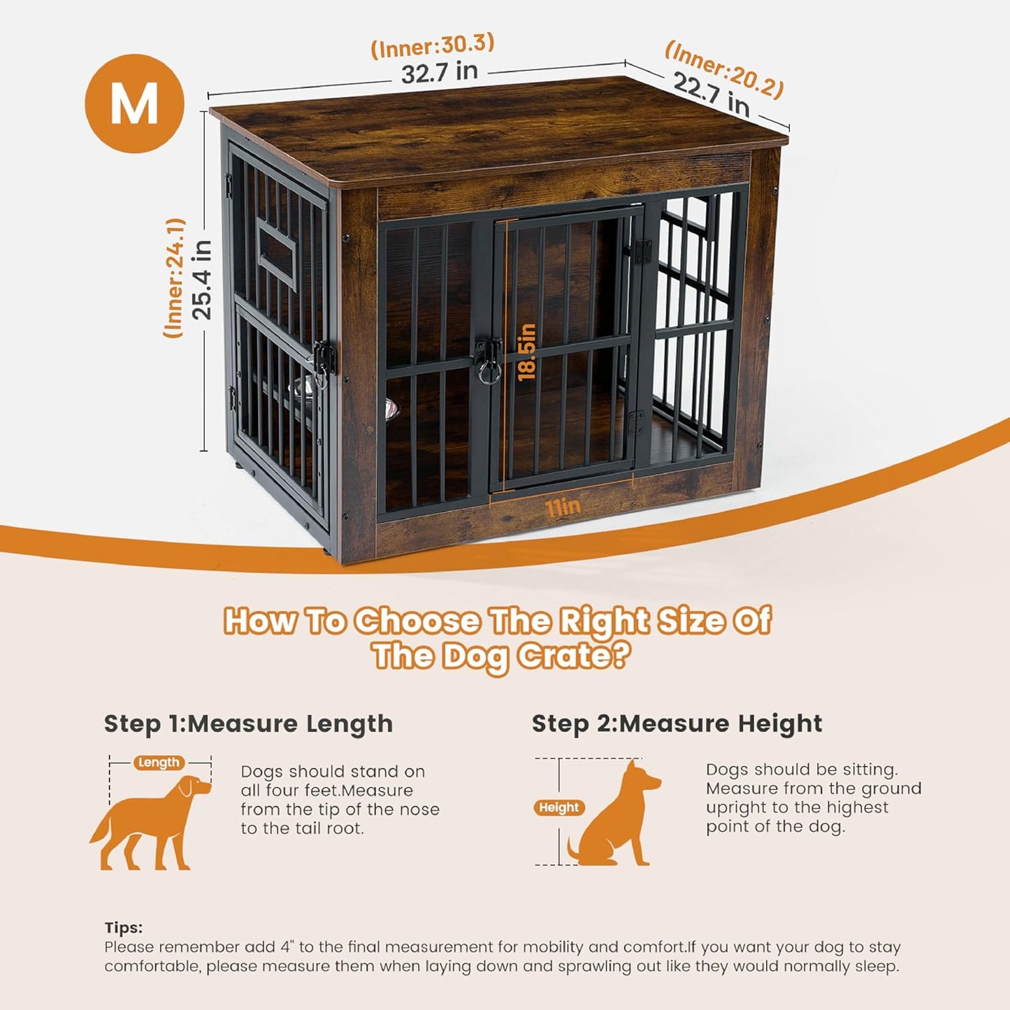 Gardner Pet Dog Crate Furniture for Medium Dogs, 32.7 Inch Dog Kennel Indoor, Wooden Dog Cage End Table with 2 Removable Bowls, Heavy Duty Dog Crate, Rustic Brown