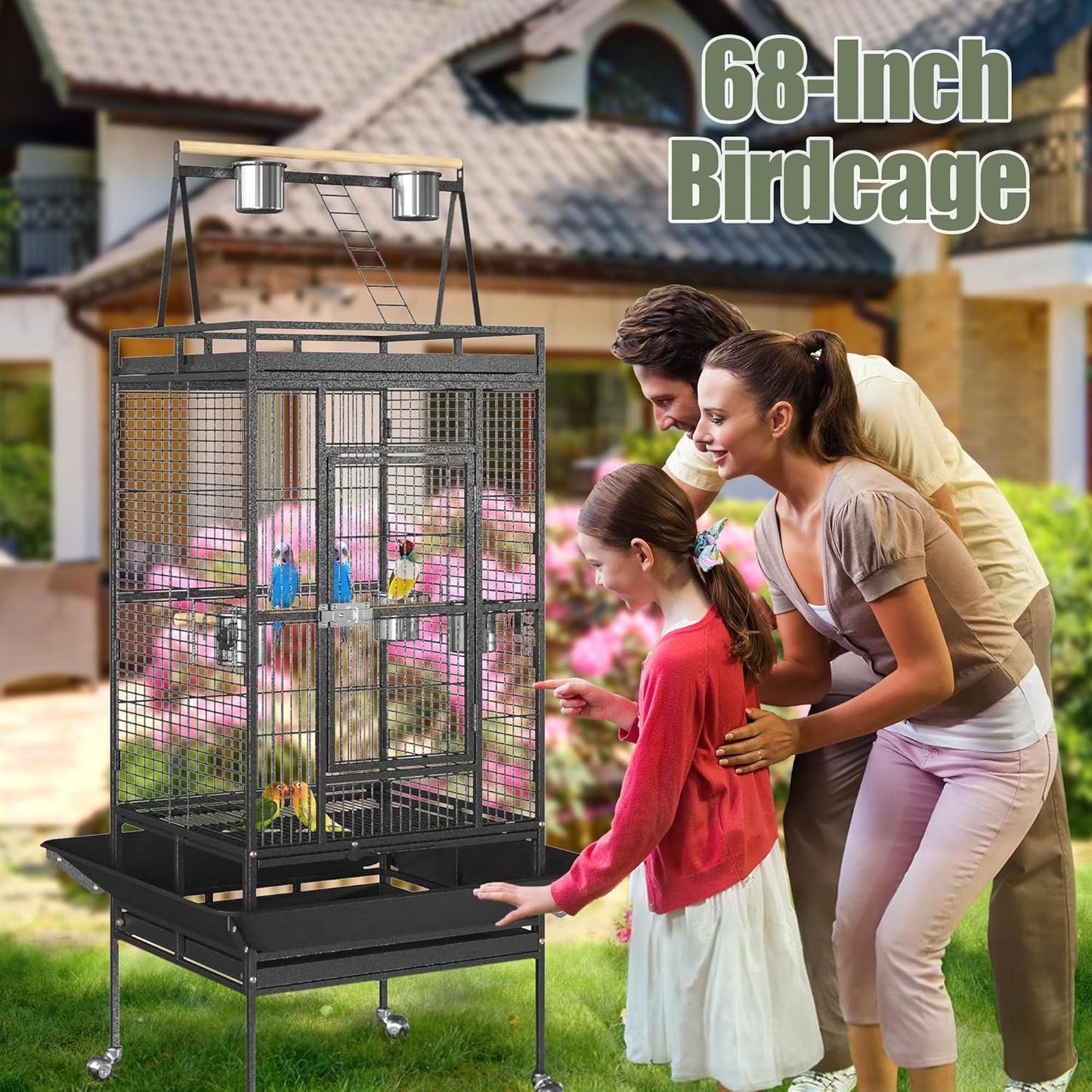 ZENY 68-Inch Birdcage, Playtop Parrot Cage, Wrought Iron Bird Cage with Rolling Stand, Heavy-Duty Pet Bird House for Parrot Cockatiel Cockatoo Parakeet Macaw Finches, Black