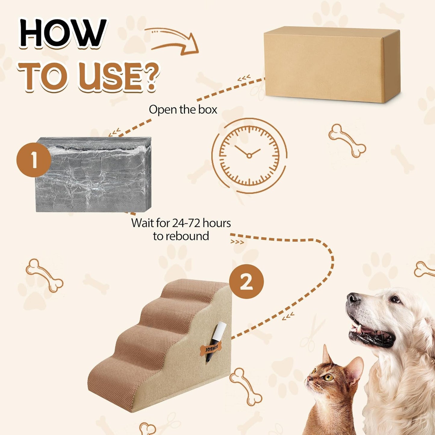 Dog Stairs, Romrol Dog Steps Ramp for High Bed and Couch, Dogs Ramp with Durable Non-Slip Waterproof Fabric Cover, Pet Stairs for Small Dogs and Cats or Pets Joints, 4-TiersLight Brown