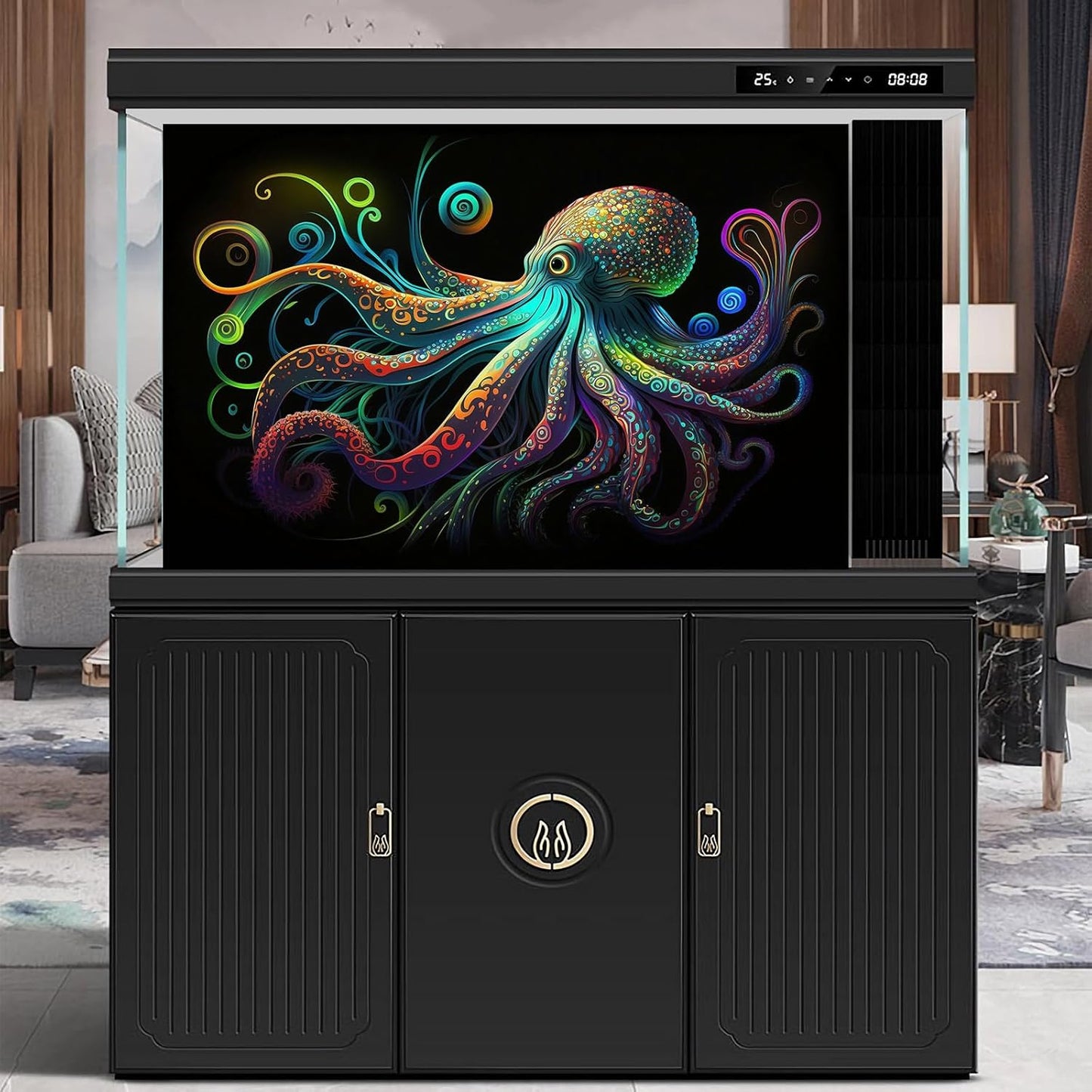 Octopus Aquarium Background Exquisite Colorful Octopus Terrarium Background Glowing Octopus on Black Background Fish Tank Backdrop Octopus Backdrops Poster Wallpaper Decorations Vinyl 24x16in