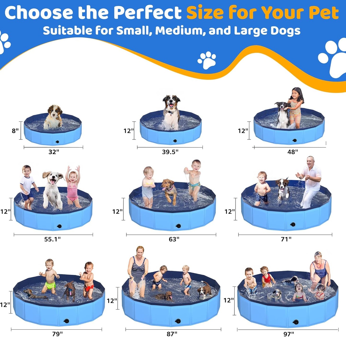 71" x 12" Foldable Dog Pool - Collapsible Hard Plastic Kiddie Pool for Dogs & Kids, Non-Slip Pet Bath Tub for Outdoor Backyard Use, Lightweight & Portable (Blue)