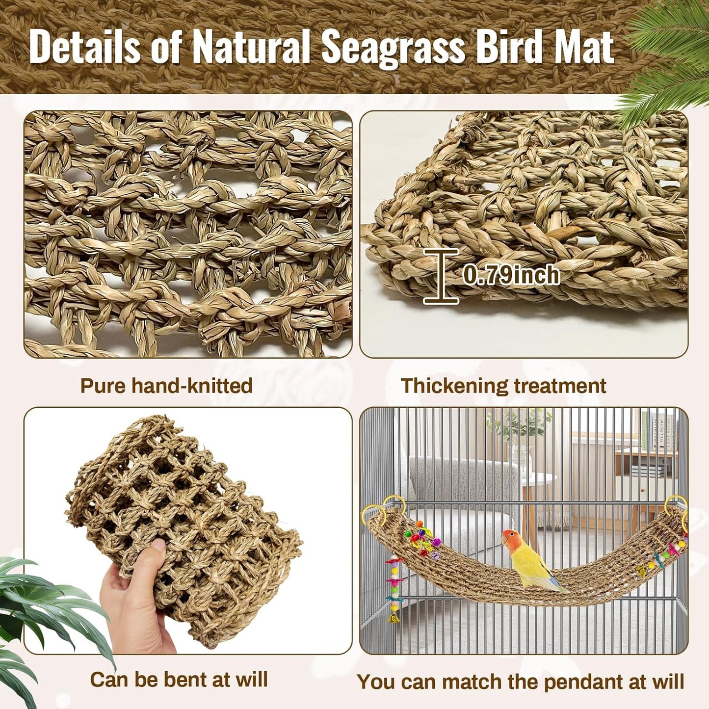 29.5 x 7 inches Large Bird Seagrass Mat Grass Woven Net Parrot Hammock Mat Parakeet Climbing Rope Ladder with Hooks Bird Cage Accessories for Conure Cockatiel Budgie Macaw