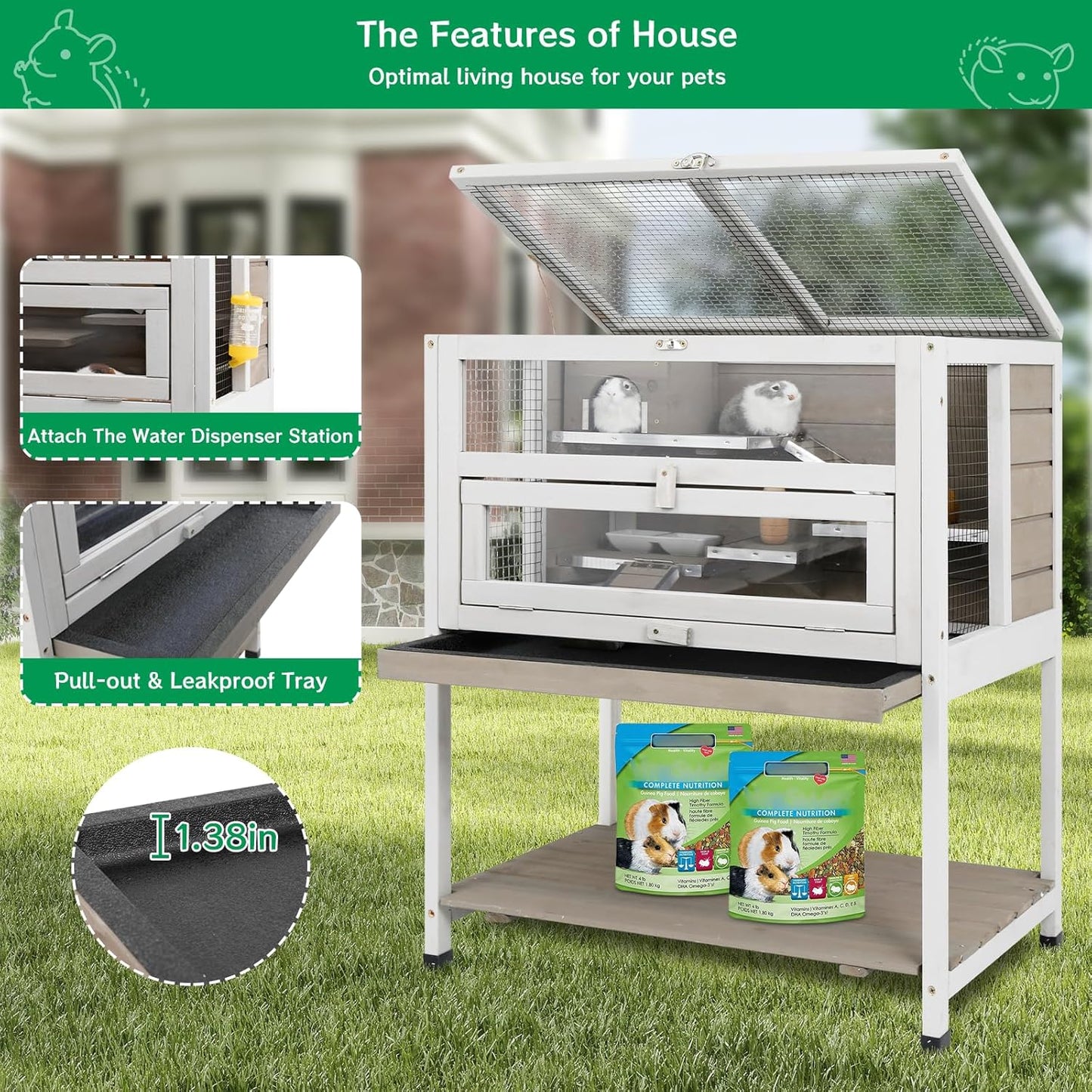 Guinea Pig Cages Wooden Hamster Cage Indoor with Stand and Storage Outdoor Small Animals Habitat with Metal Edges Ramps Hideout House,No Leak and Pull Out Tray, Easy Clean