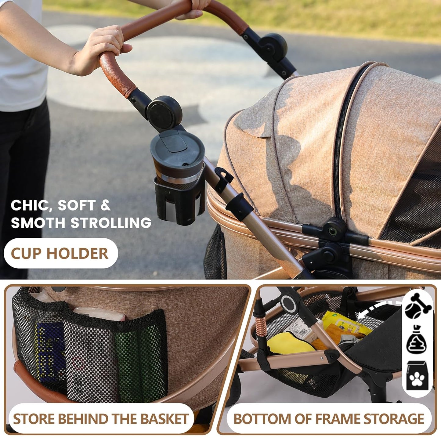 Pet Stroller with 4 Wheels, Foldable Pet Travel Carrier for Small/Medium Dogs Cats up to 50lbs, Detachble Portable Pet Bag, Storage Basket, Car Seat 3 in 1 Multifunctional (Tan)