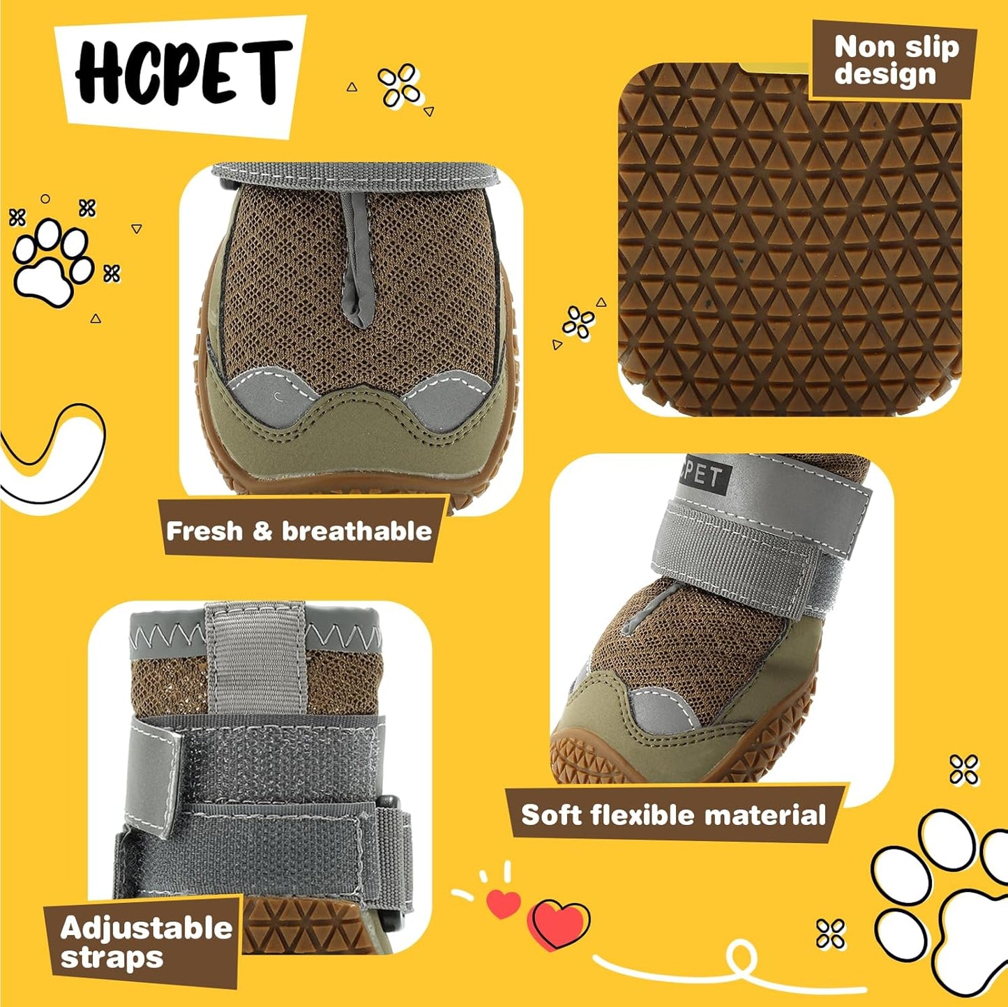 Hcpet Dog Shoes for Large Dogs, Breathable Dog Booties for Small Medium Dogs, Anti-Slip Dog Boots & Paw Protectors for Hot Pavement Winter Snow Hiking with Reflective Straps Army Green Size 6