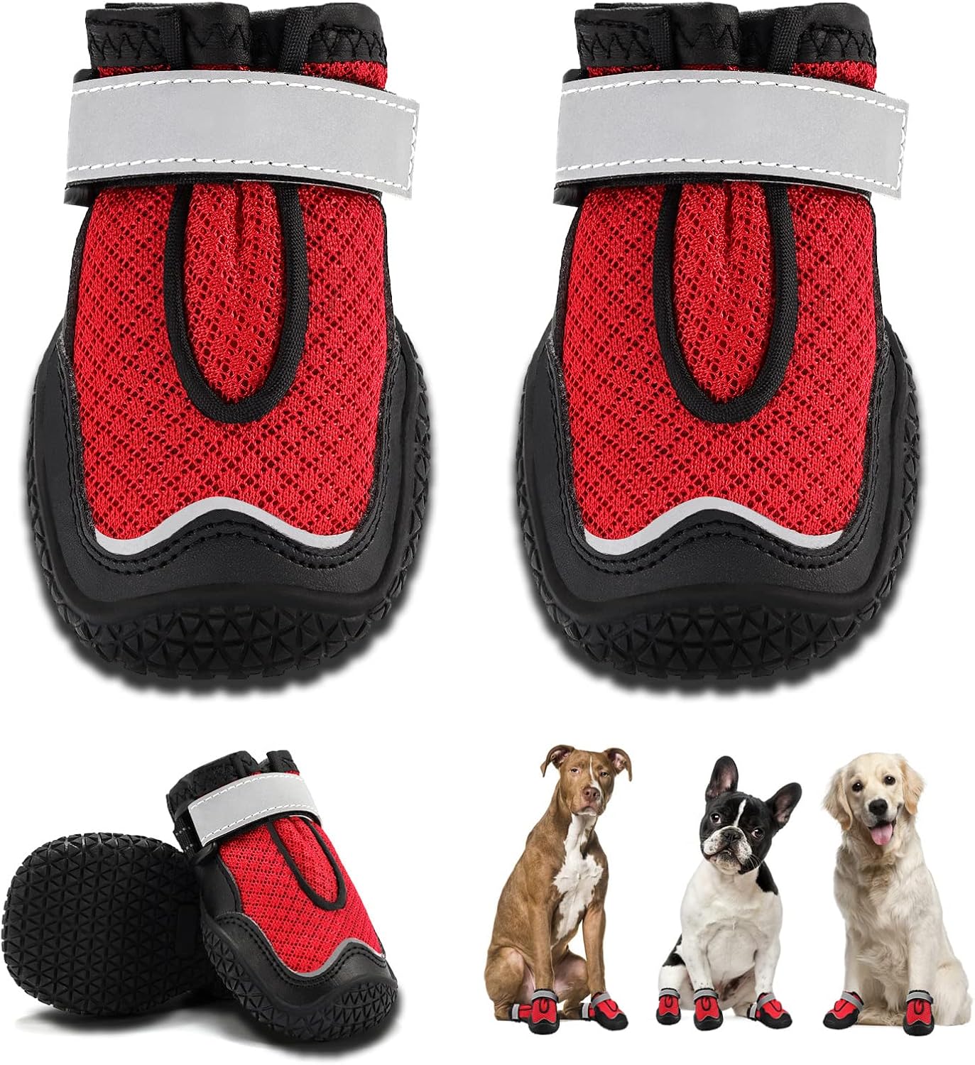 Hcpet Dog Boots for Large Dogs, Dog Shoes for Hot Pavement Winter Snow, Paw Protector Dog Booties Designed for Comfort and Breathability, Outdoor Booties for Small Medium Dogs for Hiking Red Size 3