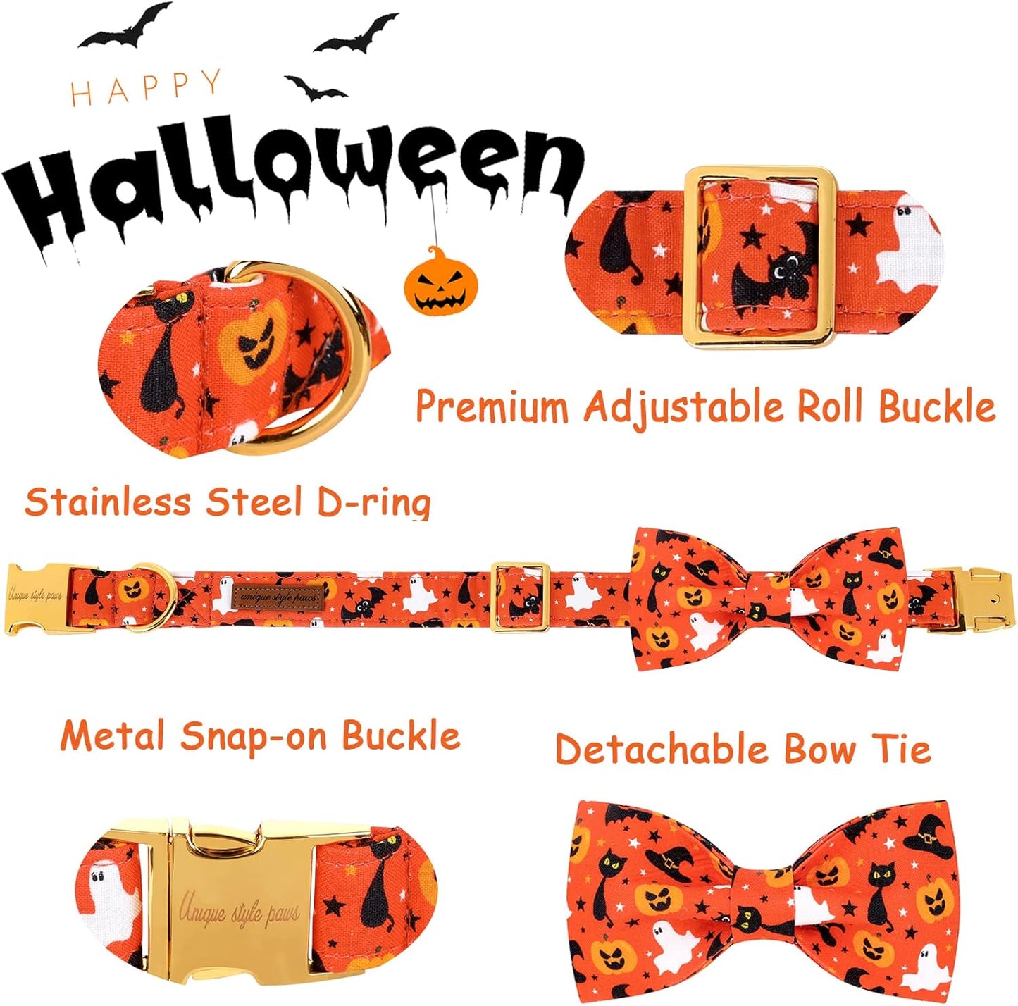 Unique style paws Halloween Dog Collar with Bow Tie Cotton Adjustable Puppy Collar for Small Medium Large Dogs-S
