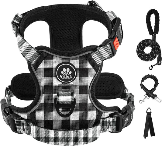 IVY&LANE No Pull Dog Harness with Leash Set, Reflective No Choke Pet Vest,Adjustable Oxford Dog Vest Harness with Easy Control Handle for Large Dogs (Checkered Black,XL)