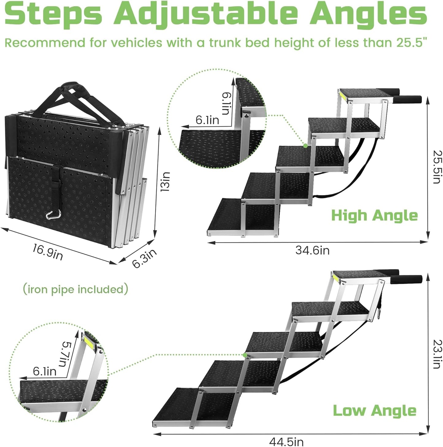 Sturdy 5-Step Aluminum Frame Dog Stair with 1680D PVC Fabric - Non-Slip, Lightweight & Portable - Ideal for Car, SUV, Truck Access - Black (98x67x43cm)