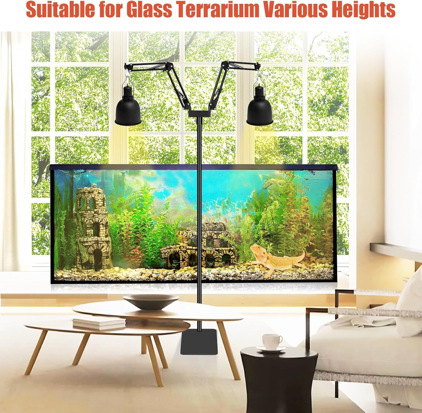 Dual Reptile Lamp Stand - Adjustable Height (15.7in to 74.3in) Metal Light Holder with 2 x 360° Adjustable Arms for Hanging Heat Lamp Fixture Dome Lampshades in Tank and Glass Terrarium