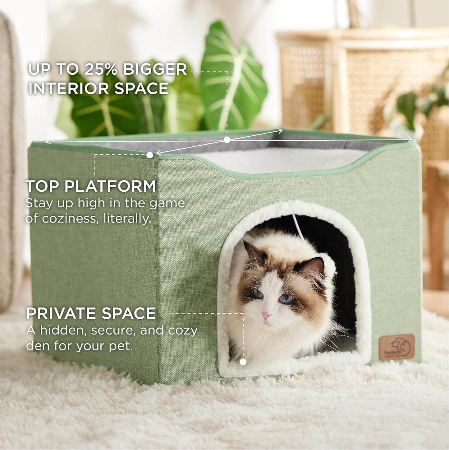 Bedsure Cat Beds for Indoor Cats - Large Cat Cave for Pet Cat House with Fluffy Ball Hanging and Scratch Pad, Foldable Cat Hideaway, 16.5x16.5x13 inches, Green